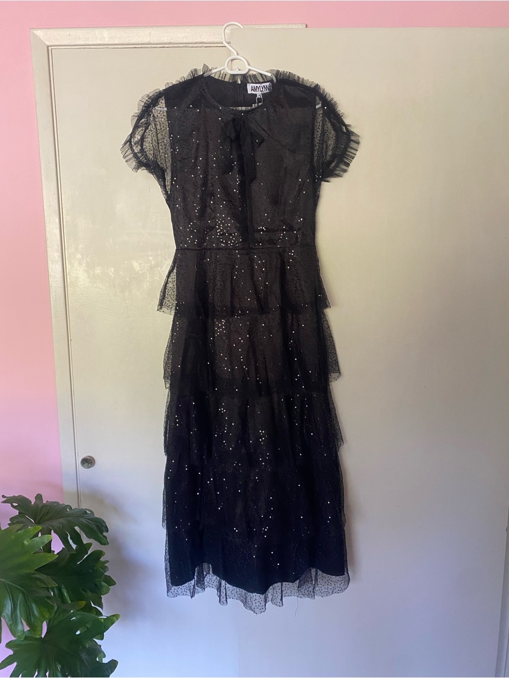 Amylynn Black Sparkle Tiered Tulle Formal Maxi Dress size M NWT